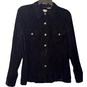 Gap Velvet Velour Whimsy Goth Shirt Pockets Purple Women's Sz M Missing 1 Button